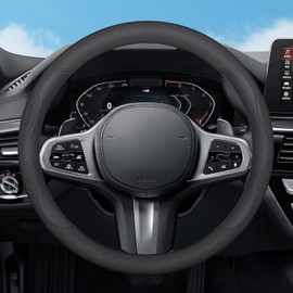 SZYUCHEN Steering Wheel Cover for GMC Sierra 1500 2500 HD 3500 HD Terrain Yukon Acadia Denali Canyon Crew Cab Elevation Double AT4 SLE SLT Limited XL Car Accessories, 2024 Leather 14 1/2"-15" Black