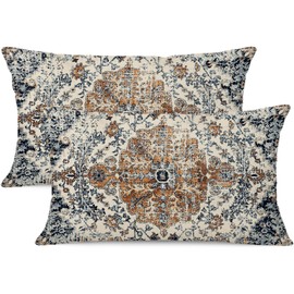 Gujiahone Outdoor Waterproof Pillow Covers 12X20 Inch Set of 2 Bohemian Vintage Carpet Pattern Pillow Covers Gold Blue Ethnic Design Decorative Farmhouse Pillow Covers for Couch Garden Balcony