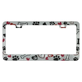 Supdanautodechere Black Dog Paw Prints Bones and Red Hearts License Plate Frame Cover, Matte White Powder Coated Stainless Steel, Animal Print Auto Car Tag Frame with 2 Holes & Free Screws