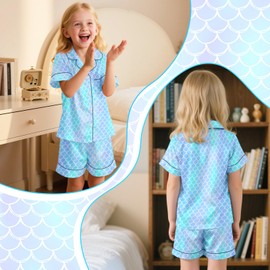 Nidoul Girls Pajamas Satin Short Sleeve Button Down Silky Pjs Girls' Sleepwear Set Mermaid Nightwear for Toddler Kids 3T 4T