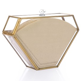 ELLDOO Gold Glass Coffee Filter Holder Coffee Paper Storage Container Filter Paper Dispenser Rack with Dustproof Cover