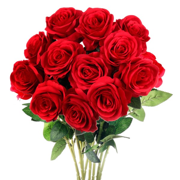 Mocoosy 12PCS Red Artificial Rose Flowers, Silk Roses Single Stem Realistic Fake Rose Bouquet for Wedding Bridal Shower Home Garden Decorations