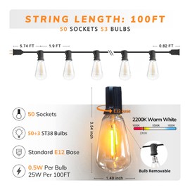 Achin 100FT Outdoor String Lights LED Dimmable Patio Lights String Waterproof with 50+3 Shatterproof Bulbs ST38 Vintage String Lights for Outside Gazebo Bistro Lights, 2200K Warm White