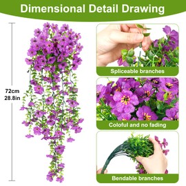 Artificial Fake Hanging Flowers for Outdoors,2 PCS Faux Silk Daisy Plants Outside Spring Decoration,UV Resistant Eucalyptus Leaves No Fade For Home Indoor Porch Patio Window Garden(Purple )