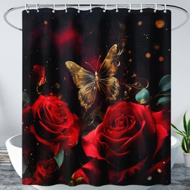 AILONEN - Cortina de ducha 3D de color rojo aceite para mujer amante de Gilrs, mariposas doradas con flores rojas para baño, cortina de ducha de tela impermeable con ganchos, 60 pulgadas de ancho x 72