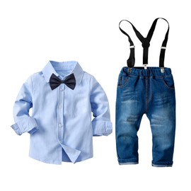 amropi Boy's Clothes Set Checkered Long Sleeve Tops and Jeans Pants 2 Pieces Outfits (Blue,3-4 Years)