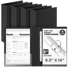 Henoyso 4 Pcs Legal Size Binder 3 Ring 2" Durable Black Binders for 8.5" x 14" Paper Hold up to 375 Sheets for Documents Artwork Blueprints, Office, Home, Work Places