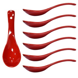 Albedel Red 6 pcs Porcelain Soup Spoon Round-Bottom Asia Ceramic Rice Spoons Chinese Won Ton Spoons for Home Kitchen Restaurant