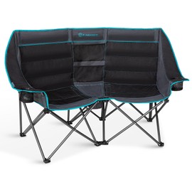 FUNDANGO Double Camping Chair with Cooler, 2 Person Folding Oversized Loveseat Camp Chairs for Adults Fully Padded Couch with Cup Holder Carry Bag for Outdoor Lawn Beach Patio Support 660 LBS