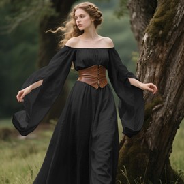 L'VOW Women Victorian Dresses Renaissance Dress Medieval Costume for Celtic Fairy Witch Wedding, Black, Small