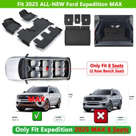 MJBYMAT Floor Mats for 2025 Ford Expedition MAX 8 Seats & Trunk Mat & Backrest Mat,TPE All Weather Protection Car Floor Mats with Cargo Liner Covering The Backrest