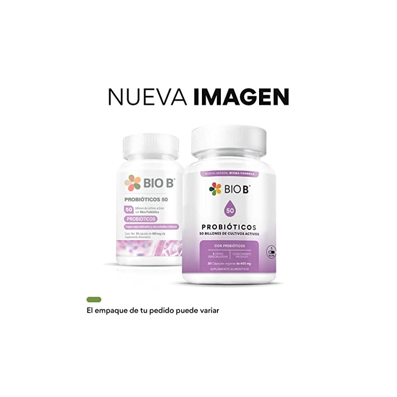 BIO B Probióticos 50 billones prebióticos 30 cápsulas veganas