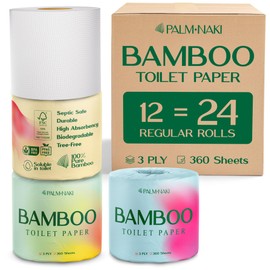 Premium Bamboo Toilet Paper | 3-Ply – Strong & Absorbent | Tree-Free, FSC Certified, BPA/PFAS-Free | Septic-Safe, Lint-Free | 12 Mega Rolls (360 Sheets/Roll) | PALM NAKI