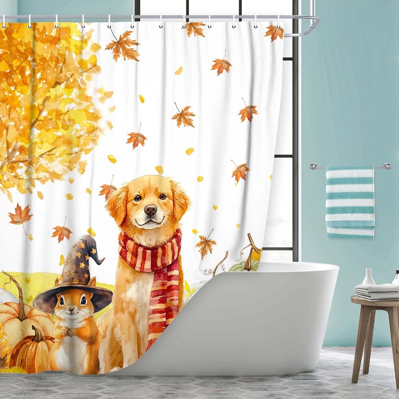Fall Shower Curtain, Autumn Thanksgiving Pumpkin Cute Dog Squirrel Harvest