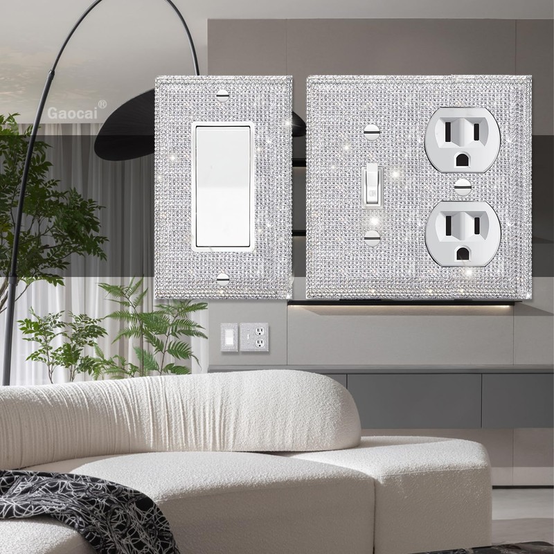 Gaocai Silver Shiny Silver Rhinestones Switch Wall Plate Double Gang