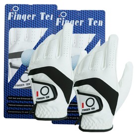 FINGER TEN Golf Gloves Men Left Hand Leather All Weather Premium Grip Tour Value 2 Pack, Mens Golf Glove Soft Comfortable Breathable Flexible for Golfers Sport Outdoor (White, M, Left)…