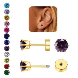 Hypoallergenic Birthstone Stud Earrings for Women Brilliant Cut Round Cubic Zirconia Flat Back Earrings Surgical Steel Cartilage Earrings for Sensitive Ears (Gold, Feb Amethyst)