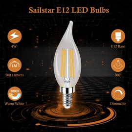Sailstar E12 Candelabra LED Bulb 60W Equivalent, Dimmable 3000K Warm White, Flame Tip, 4W, 500LM, 120V, CRI 85, for Chandelier, 10 Pack