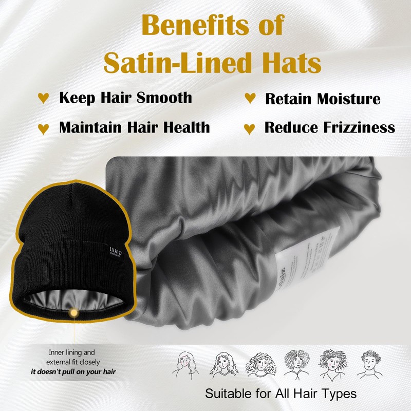 2 Pack Satin Lined Beanie Hats for Men Women Winter