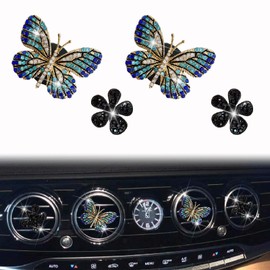 4 Pcs Blue Bling Butterfly and Black Daisy Car Air Fresheners Vent Clips Diffuser Vent Clip Rhinestone Diamond Decoration Car Interior Decor Cute Accessories for Women, Automotive Air Fresheners