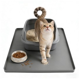 Silicone Cat Litter Mat 24x20 in Waterproof Litter Box Mat Leak-Proof Thick Under Kitty Litter Box Feeding Tray with Raised Edges for Floor Carpet, Grey