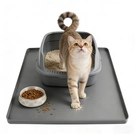 Silicone Cat Litter Mat 24x20 in Waterproof Litter Box Mat Leak-Proof Thick Under Kitty Litter Box Feeding Tray with Raised Edges for Floor Carpet, Grey