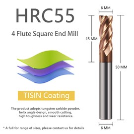 AYCHOLIZ 1pc 4Flutes Carbide Square End Mill 6mm(0.236" Dia),6mm(0.236" Shk Dia) Tungsten Steel Milling Cutter Micro Grain CNC Router Bits for Alloy Steel High Alloy Cast Iron-HRC55-TISIN Coated
