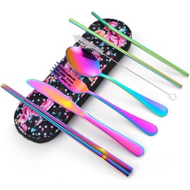 Travel Utensils,Reusable Silverware Set To Go Portable Cutlery Set with a Waterproof Carrying Case for Lunch Boxes Workplace Camping School Picnic (FlowerCase/Rainbow)