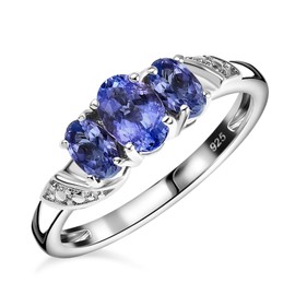 TJC Tanzanite Three Stone Ring for Women in Platinum Plated 925 Sterling Silver Size P Forever Together Gemstone Blue Coloured December Birthstone