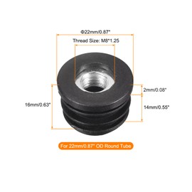 sourcing map Set of 4 Round Pipe Inserts with M8 Thread for 22 mm / 0.87 Inch Outer Diameter Round Tube Black Plastic Connector Castors Insert Chair End Caps Furniture Leg Plugs