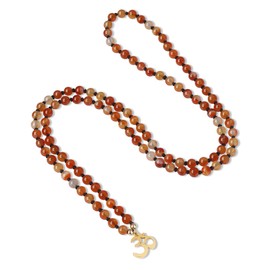 COAI Handgeknüpft Mala Yoga Kette aus 108 Orange Achat Perlen mit Gold OM Anhänger Gebetskette Buddhistische Halskette für Damen