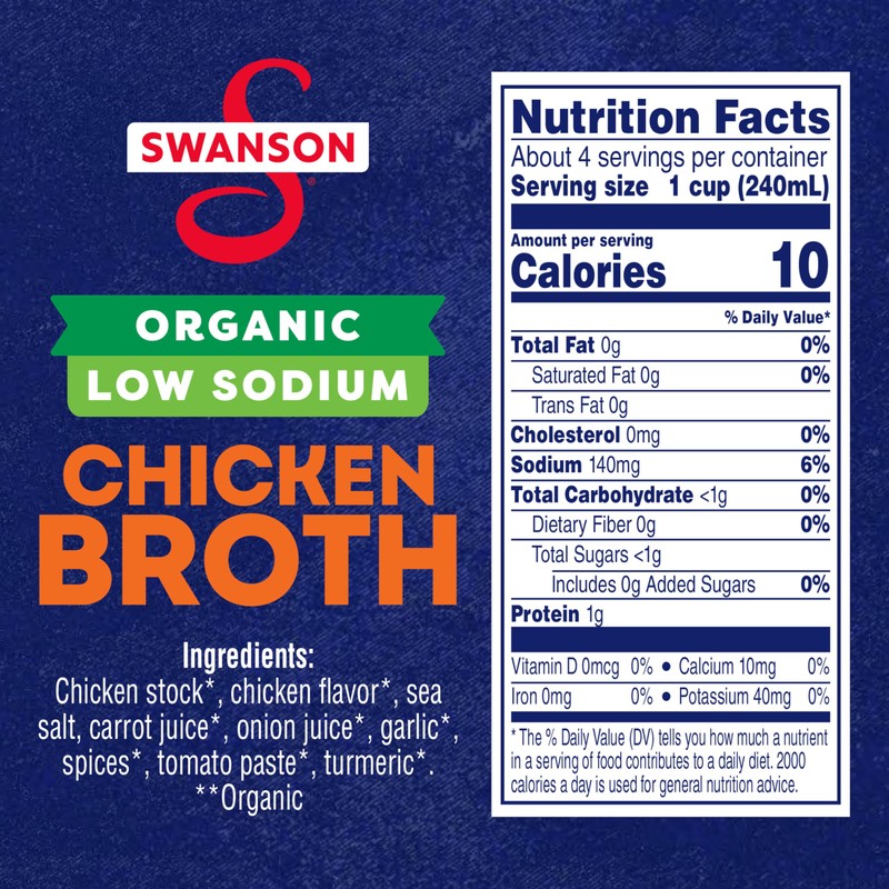 Swanson Low Sodium Organic Chicken Broth, 32 oz Carton