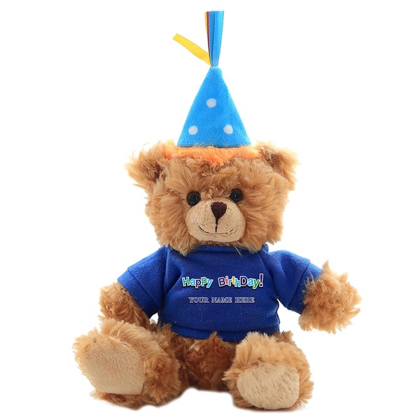 Plushland Plush Teddy Bear 6 Inches - Mocha Color for Birthday, Personalized Text, Name on T-Shirt, Party Favors Gift for Kids, Boys, Girls (Blue Birthday Hat)