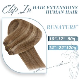 RUNATURE Human Hair Extensions - Golden Brown Highlight Golden Blonde Clip in Real Hair Double Weft 20 Inch 120g 7pcs