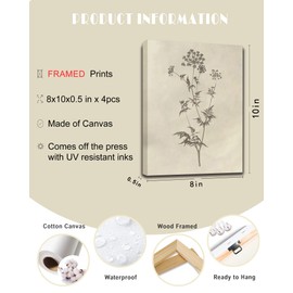 𝗗𝗿𝘀𝗼𝘂𝗺 Botanical Plant Wall Art Vintage Flower Prints Boho Floral Artwork Decor Mid Century Modern Framed Wall Art for Bedroom Living Room Bathroom Home or Office 8"x10",Set of 4,𝗙𝗿𝗮𝗺𝗲𝗱