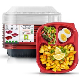Reusable Meal Prep Containers with Lids [25-Sets] 3 Compartment Red Food Storage Containers, Bento Box Disposable Plastic To Go Container, BPA Free, Stackable, Microwave/Dishwasher/Freezer Safe (34oz)