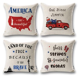 ONWAY 4th of July Decor God Bless America Outdoor Pillow Covers 18x18 Land of The Free Because of The Brave Patriotic Quote Decorations for Sofa Couch, Set of 4