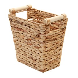 JJSQYLAN Woven Water Hyacinth Storage Basket Wastebasket Straw Storage Basket Decorative Storage Basket with Wood Handles for Kitchen, Home, Office, Craft, Laundry, Utility Room