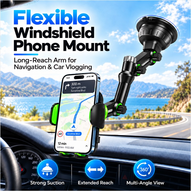 Suction Cup Car Phone Holder for Hands-Free Driving – Adjustable