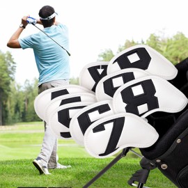 Golf Iron Cover Magnet Wedge Cover Club Head Cover Set 10 pcs (4-9,P,A,S,X) Double Sided Black Patch Number White Synthetic Leather