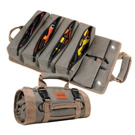 Roll Up Tool Bag, Heavy Duty Portable Tool Organizer with 2 Detachable Pouches and 4 Compartments, Water-Resistant Canvas Tool Roll for Car Garage Electrician Mechanic Handyman (Army Green)