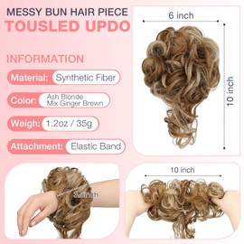 Messy Bun Hair Piece Tousled Updo Hair Extension with Elastic Rubber Band Synthetic Curly Wavy Hair Bun Scrunchie for Women Girls, Ash Blonde Mix Ginger Brown 1.2oz