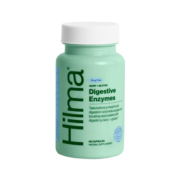 Hilma Digestive Enzymes for Digestion - Natural Gluten & Dairy Relief Pills - Relief from Bloating for Women & Men w/Turmeric, Dandelion Root, & Gluten Digestive Enzymes - 60 Vegan Capsules
