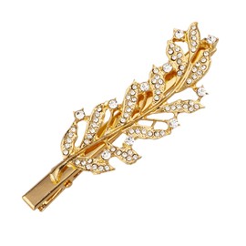LUX ACCESSORIES Boho Leaves Clear Crystal Rhinestones Set of 2 Gold Hair Clips