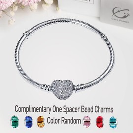 LNQOBU Women's Bracelet 925 Silver Snake Butterfly Bracelet with Sparkling Heart Clasp Charms (with a Spacer Bead), Sterling Silver, Cubic Zirconia