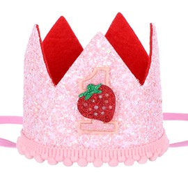 Tweruna First Birthday Strawberry Hat, Pink Glitter Strawberry Photo Props 1st Birthday Decorations Crown Party Hats, Sweet Berry First Birth Day Hat for Baby Shower Party Decoration