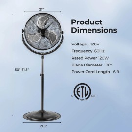 Costway 20" High Velocity Pedestal Fan w/3 Speeds 360° Tilt & Adjustable Height