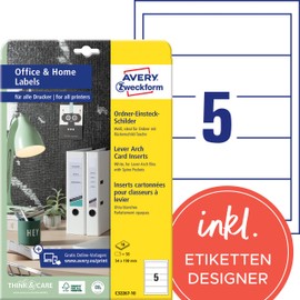 AVERY Zweckform C32267-10 Folder Spine Insertion Labels (50 Spine Labels, 54 x 190 mm on A4, Printable, for Inserting Wide/Short Folders, Micro Perforation, for Home Office) 10 Sheets, White