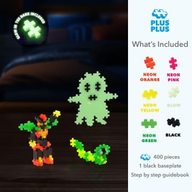 PLUS PLUS Learn to Build Set, Interlocking Mini Building Blocks, 3D Puzzle Construction Stem Toy for Kids - Glow in The Dark Mix, 400 Pieces