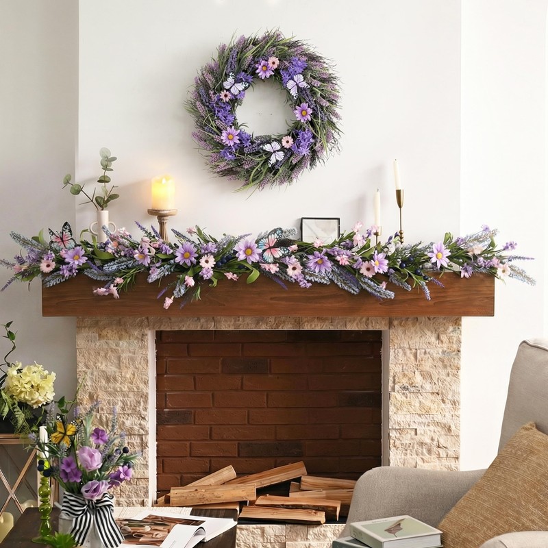 18 inch Spring Lavender Wreaths for Front Door with Lights